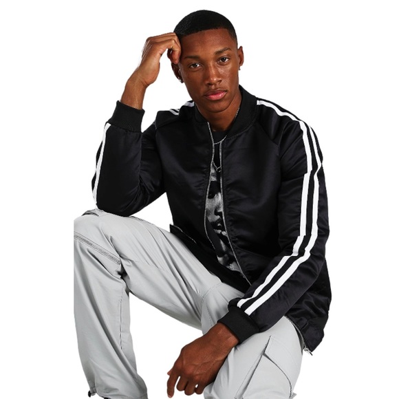BoohooMan Black Satin Bomber Jacket with Side Stripes - Picture 3 of 10